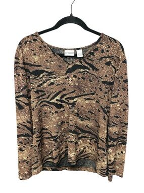 Chicos Size 3 Top Blouse Animal Print V-Neck Long Sleeve Boho Festival Tunic